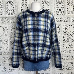 Paul Harris Design Plaid Blue Mohair Blend Fuzzy Grandpa Sweater Sz XL